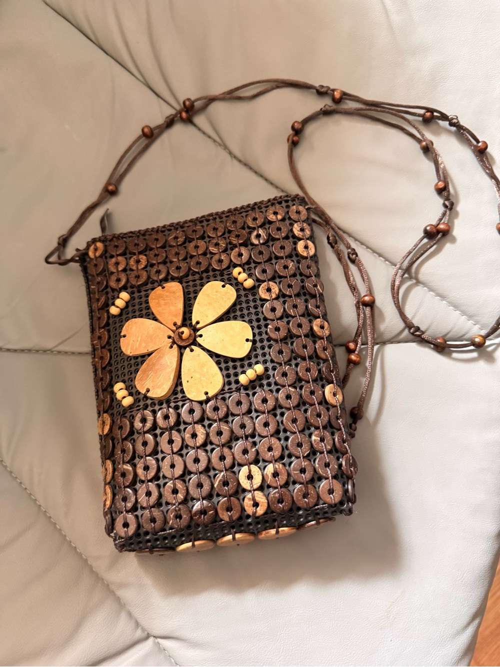 Boho Brown Beaded Crossbody Bag with Floral Accent